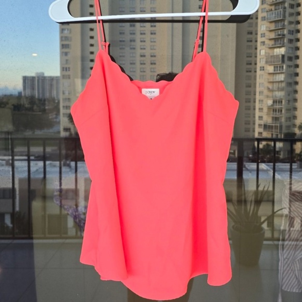 J.Crew Women Neon Pink Scalloped Cami Top Adjustable Straps Size 4 Summer Blouse